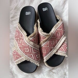 BP Booker Pink and Cream Woven Boho Slide Sandals